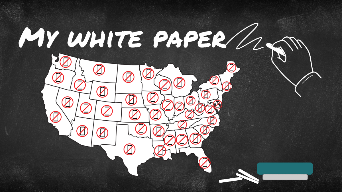 A gray man writing a white paper